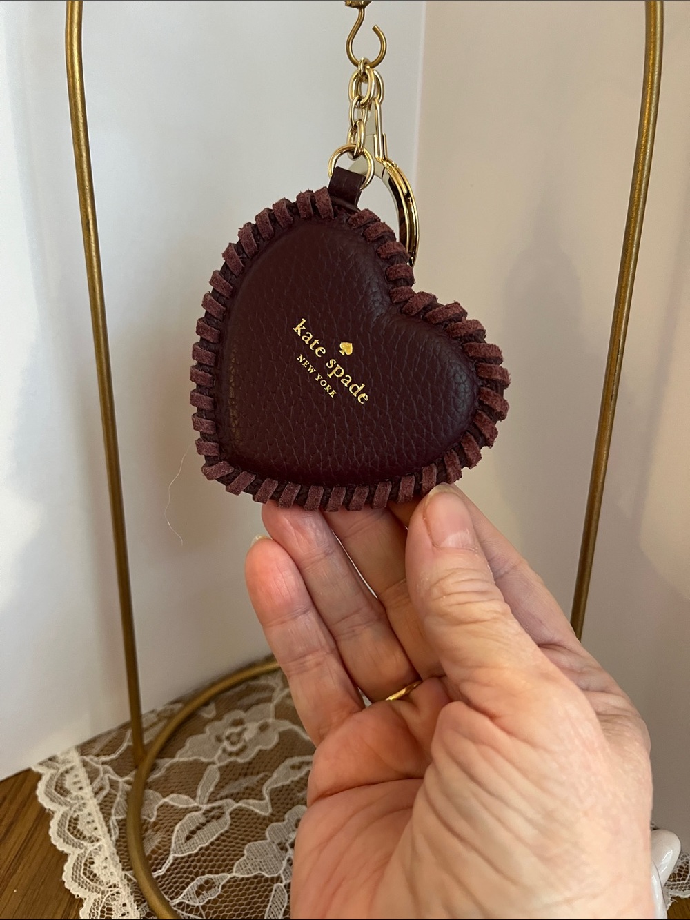 kate spade Burgundy Heart Leather Key Ring with Gold Hardware